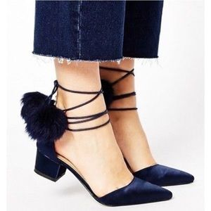 NEVER WORN Navy Blue Pompom Heels
